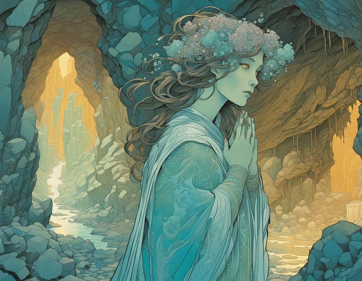 Mystical Being Emerges from Crystal Cave in Art Nouveau Styl...