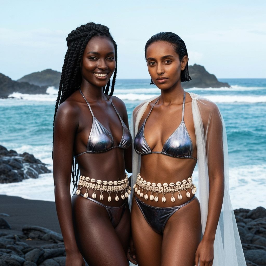 Elegant Women on Volcanic Beach in Comoros