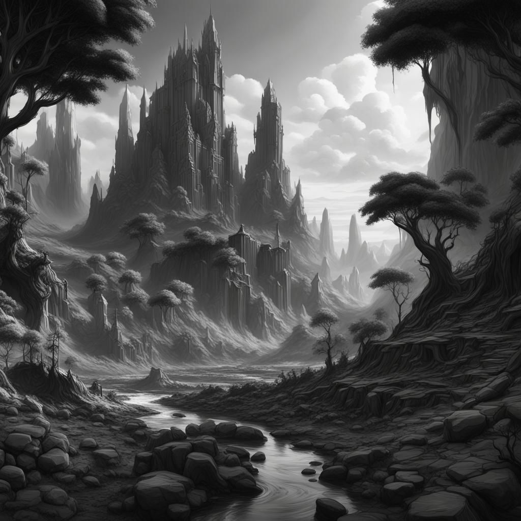 Detailed Black and White Landscape Matte Painting