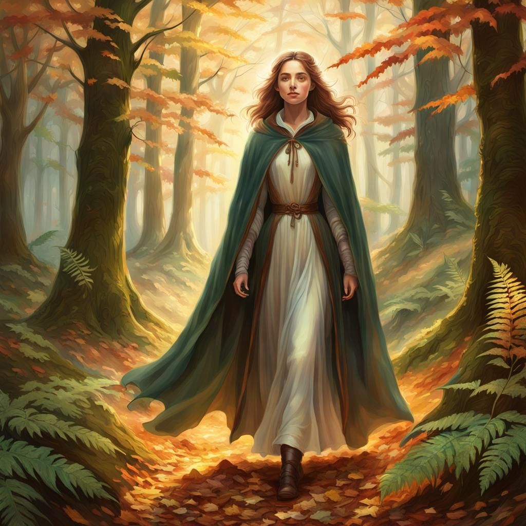 Girl in Forest Cloak: Ethereal Digital Art