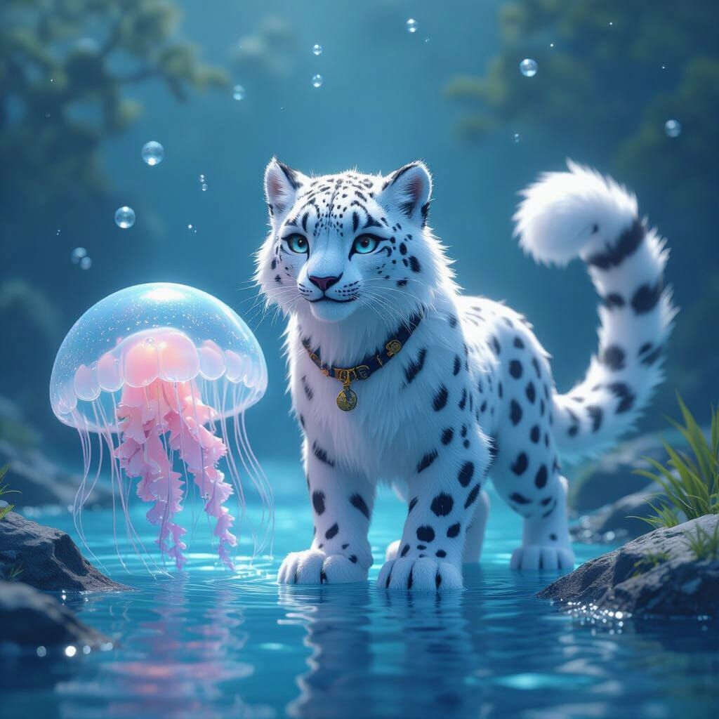 Snow Leopard and Jellyfish in 3D Anime Art