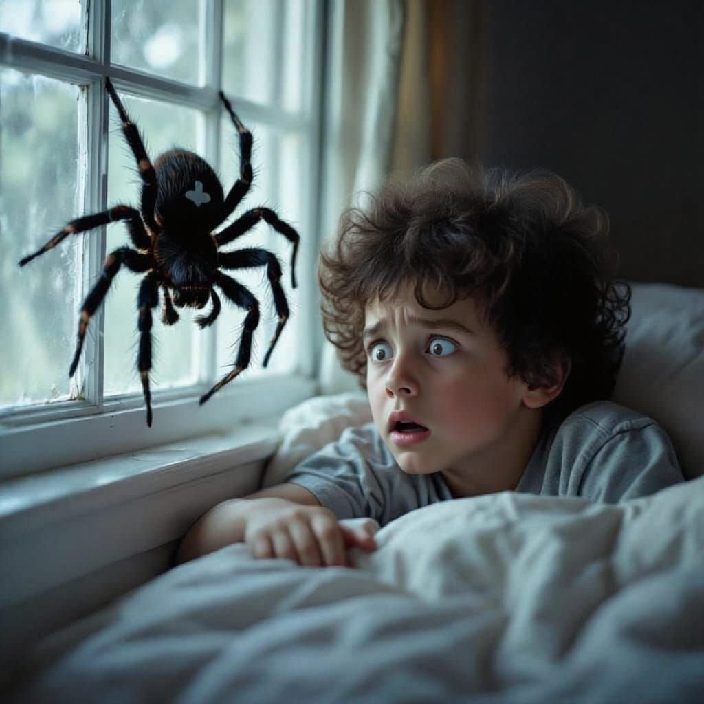 Boy Horrified by Giant Spider in Cinematic Film Still