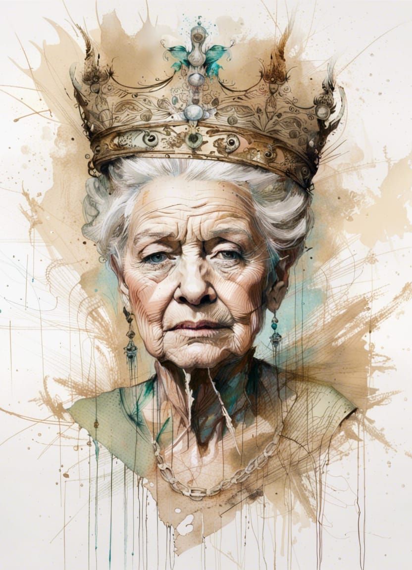 Wrinkled Queen Portrait in Ink and Watercolor