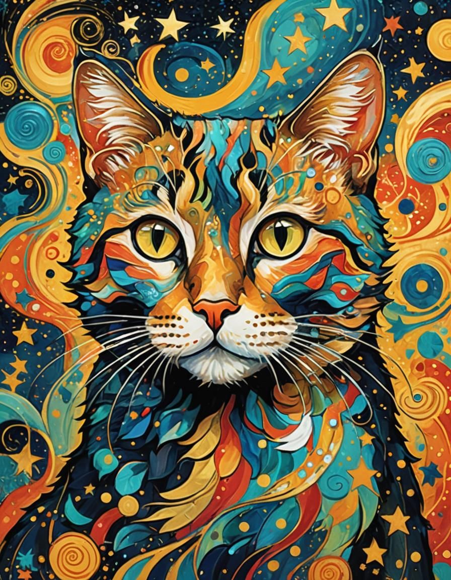 Feline Beauty in Vibrant Colors with Gold Stars