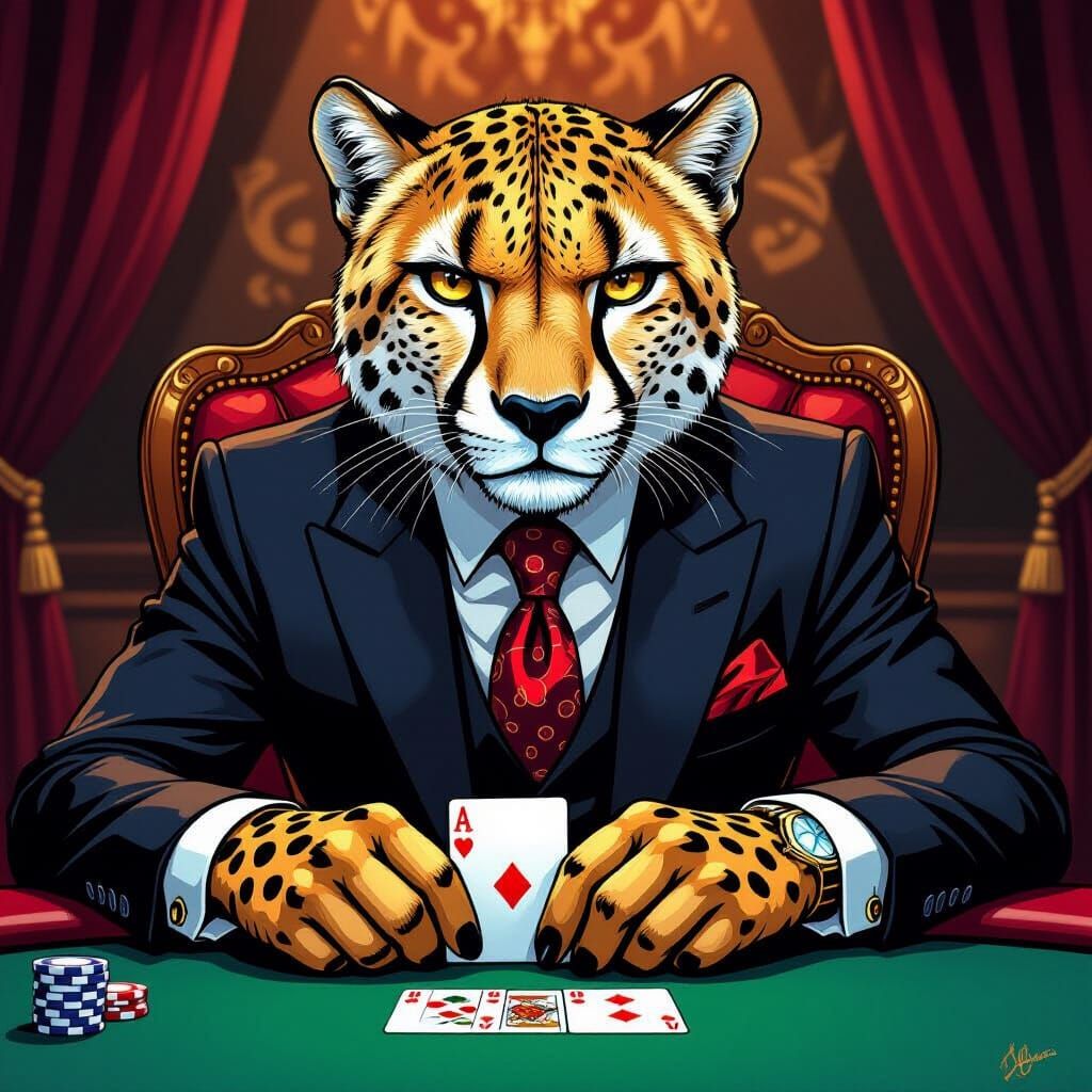 Cheetah Gambler with Royal Flush, Comic Book Art