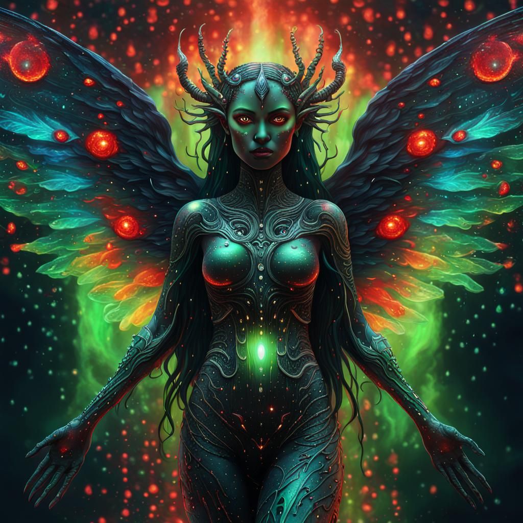 Cosmic Goddess with Red Eyes and Colorful Wings
