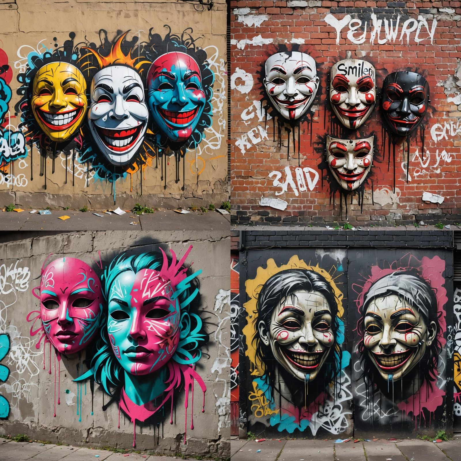 The "smile now" "cry later" masks tagged in spray paint on the side of an abandoned building