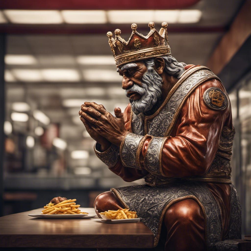 Burger King Mascot in Prayer, Hyperrealistic Image