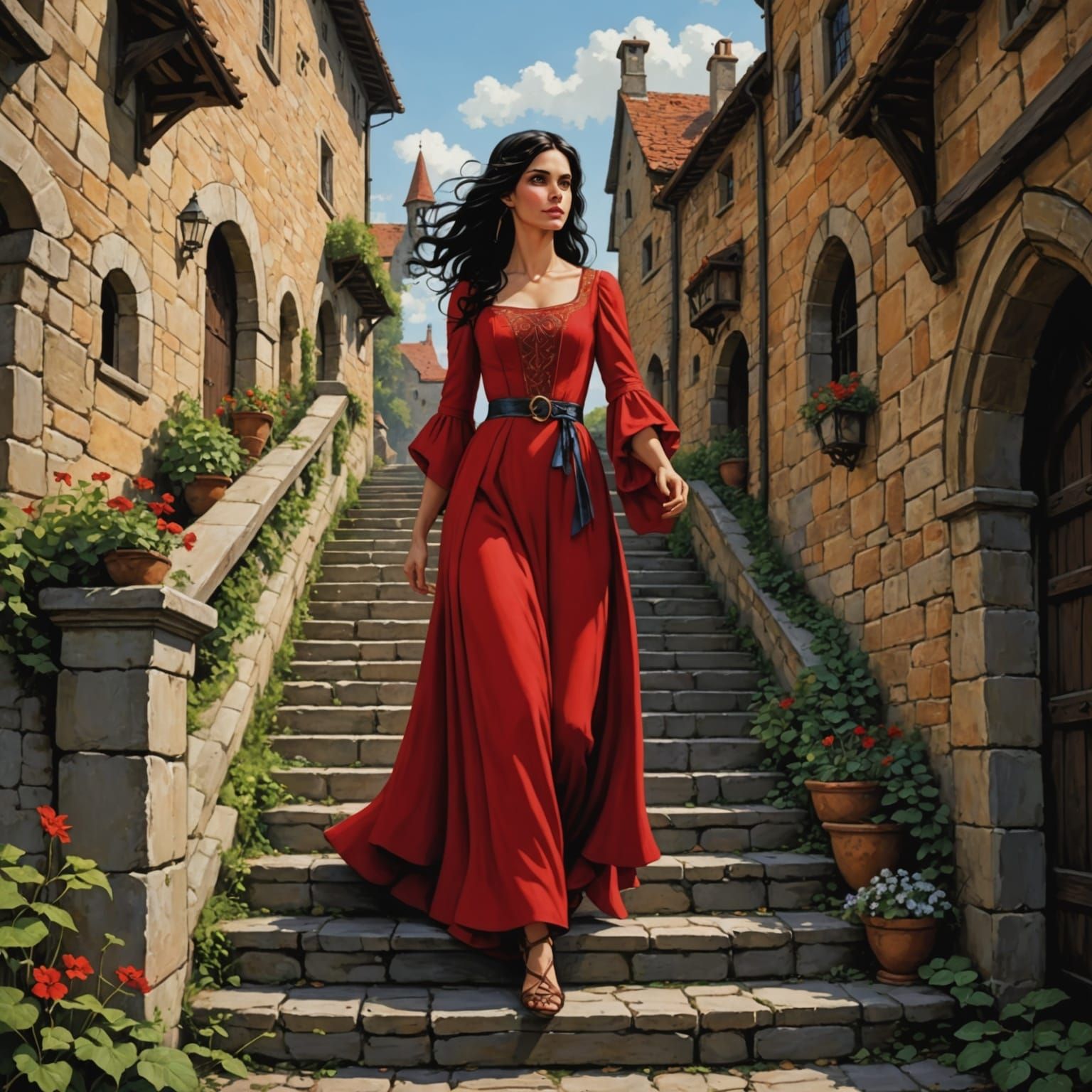 Medieval Girl Descends Stairs in a Vibrant City