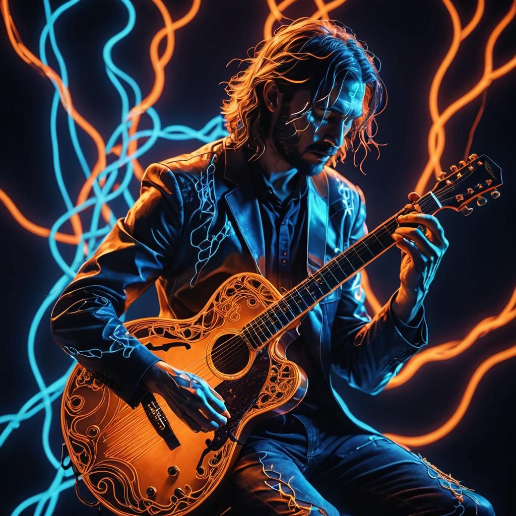 Surreal Musician: Neon Guitar in Electric Dreamscape