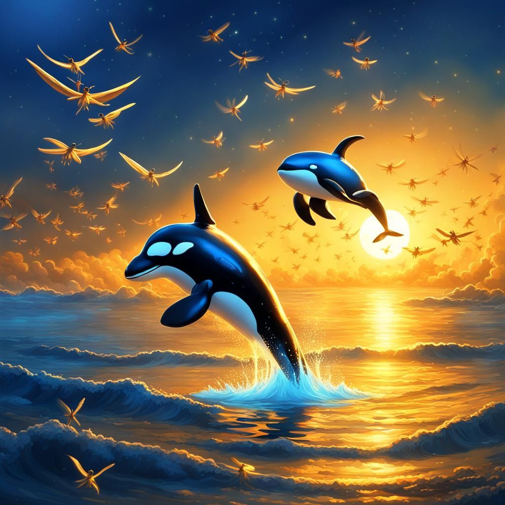 Golden Sunset with Blue Orca, Hyperdetailed Concept Art