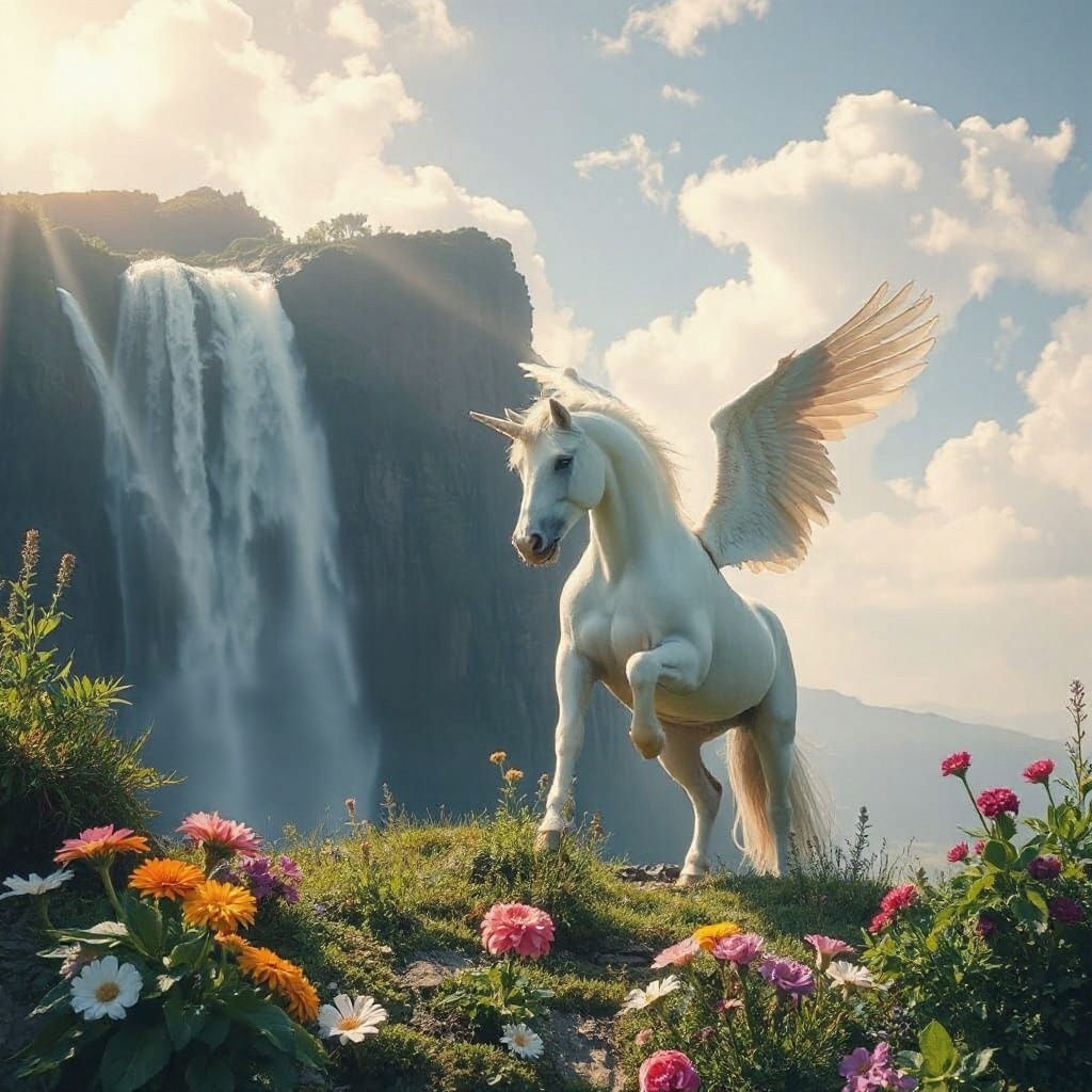 Majestic Waterfall Scene with Unicorns and Pegasus