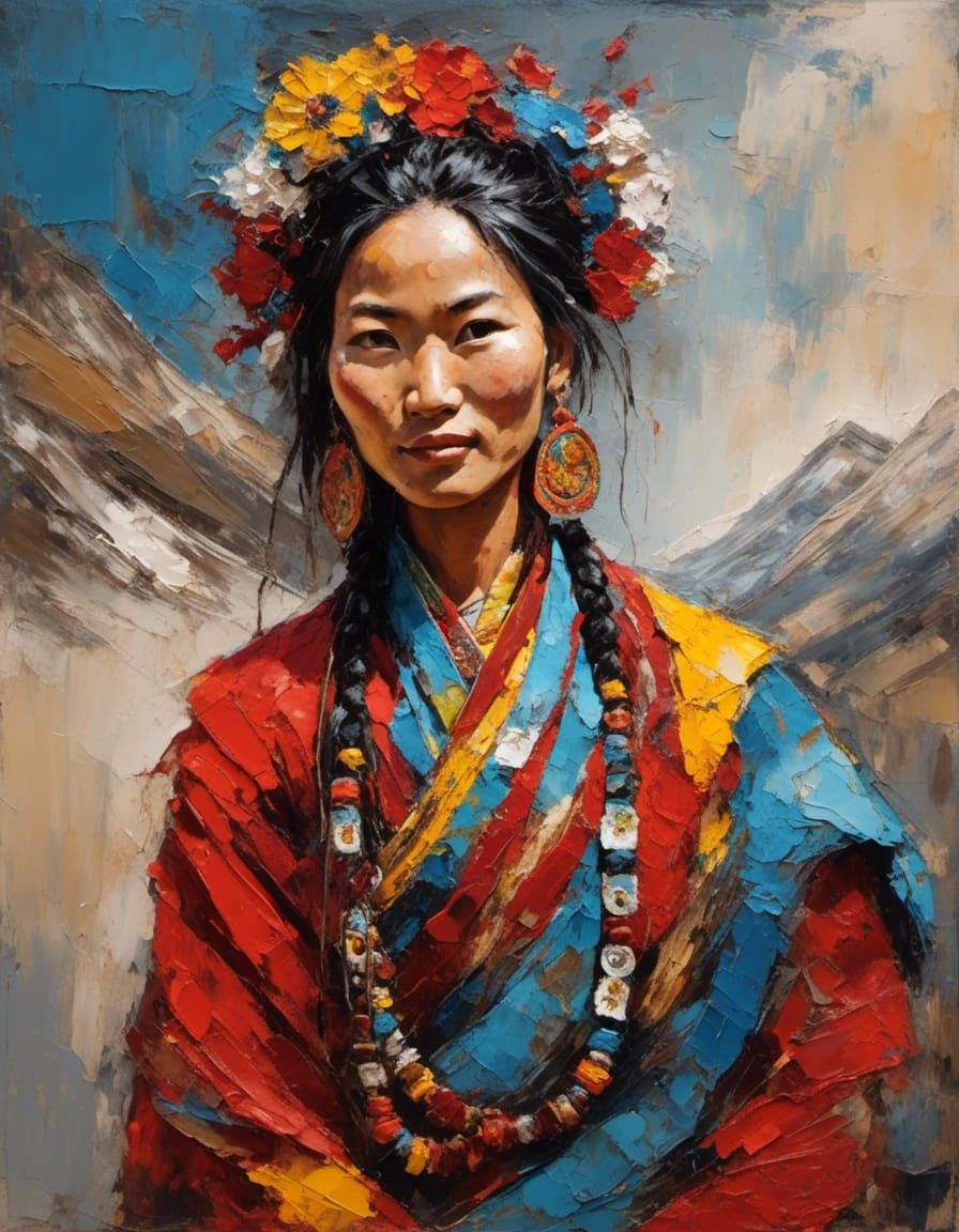 Tibetan Woman Portrait in Traditional Dress, Impasto Style