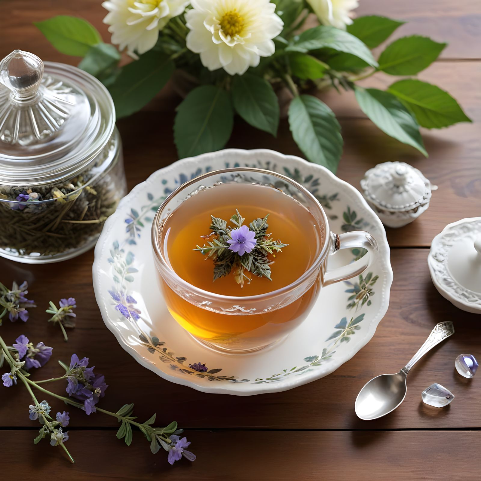 Whimsical Cottage Apothecary Scene with Tea and Crystals