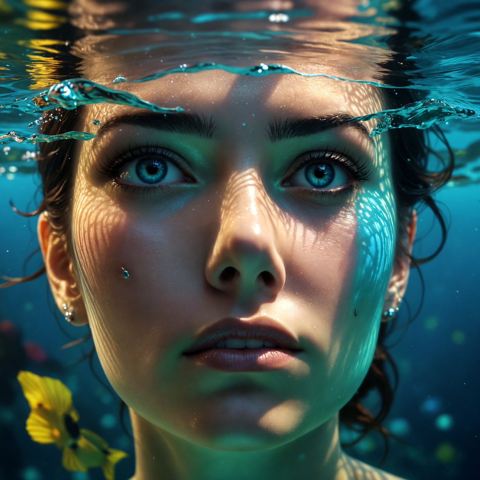 Hyperrealistic underwater portrait with bright, colorful eye...