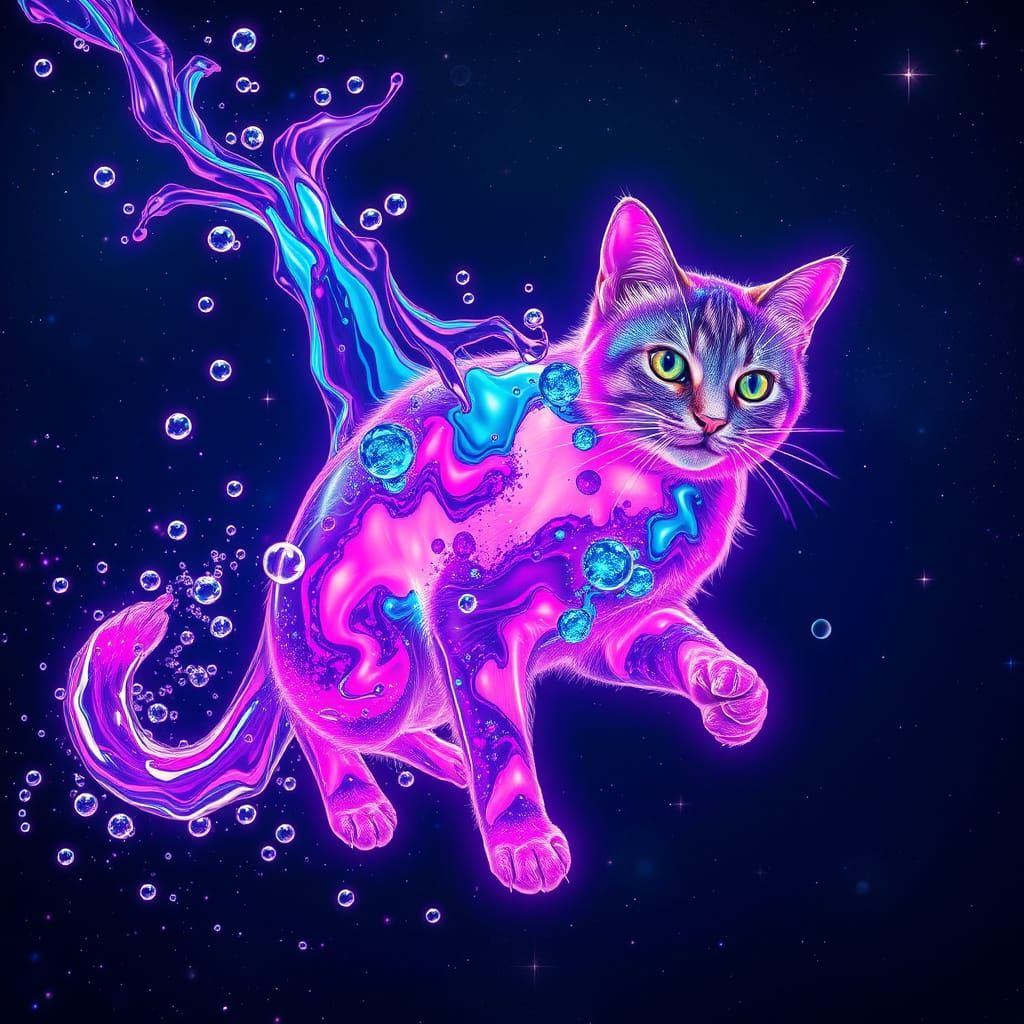 Neon Soda Cat in Cosmic Nebula, Bioluminescent Style
