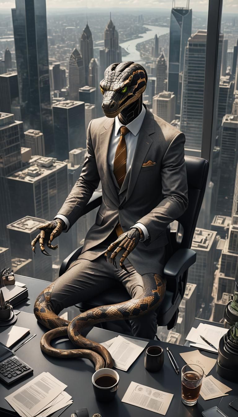 Serpentine Humanoid in Business Suit, Detailed Digital Art