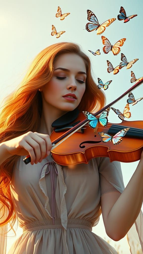 Woman Playing Violin with Butterflies in Golden Hour Light
