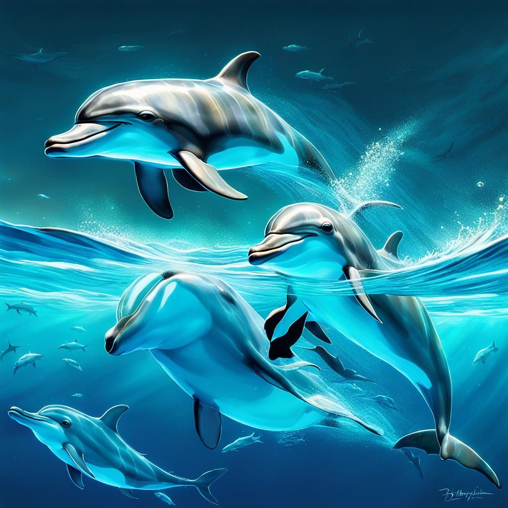 Dolphins Play in Bioluminescent Waters, Animated Style