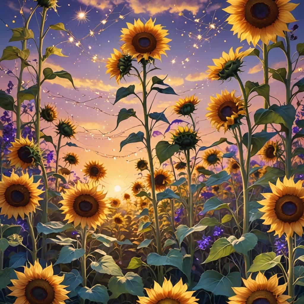Sunlit Sunflower Field with Fairy Lights