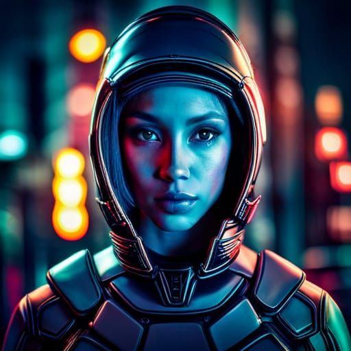 Cyborg Girl Portrait in Neon City at Night