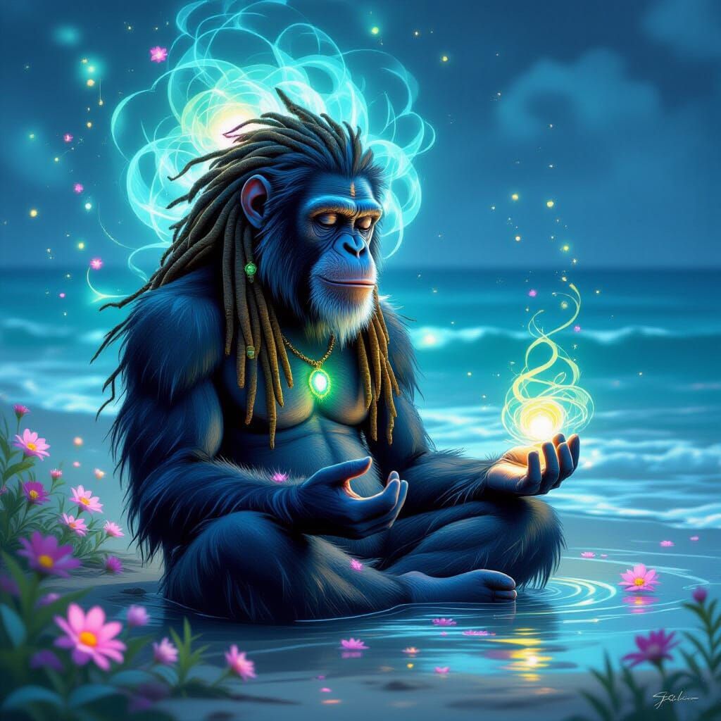 Meditating Chimpanzee by the Sea with Glowing Chakras