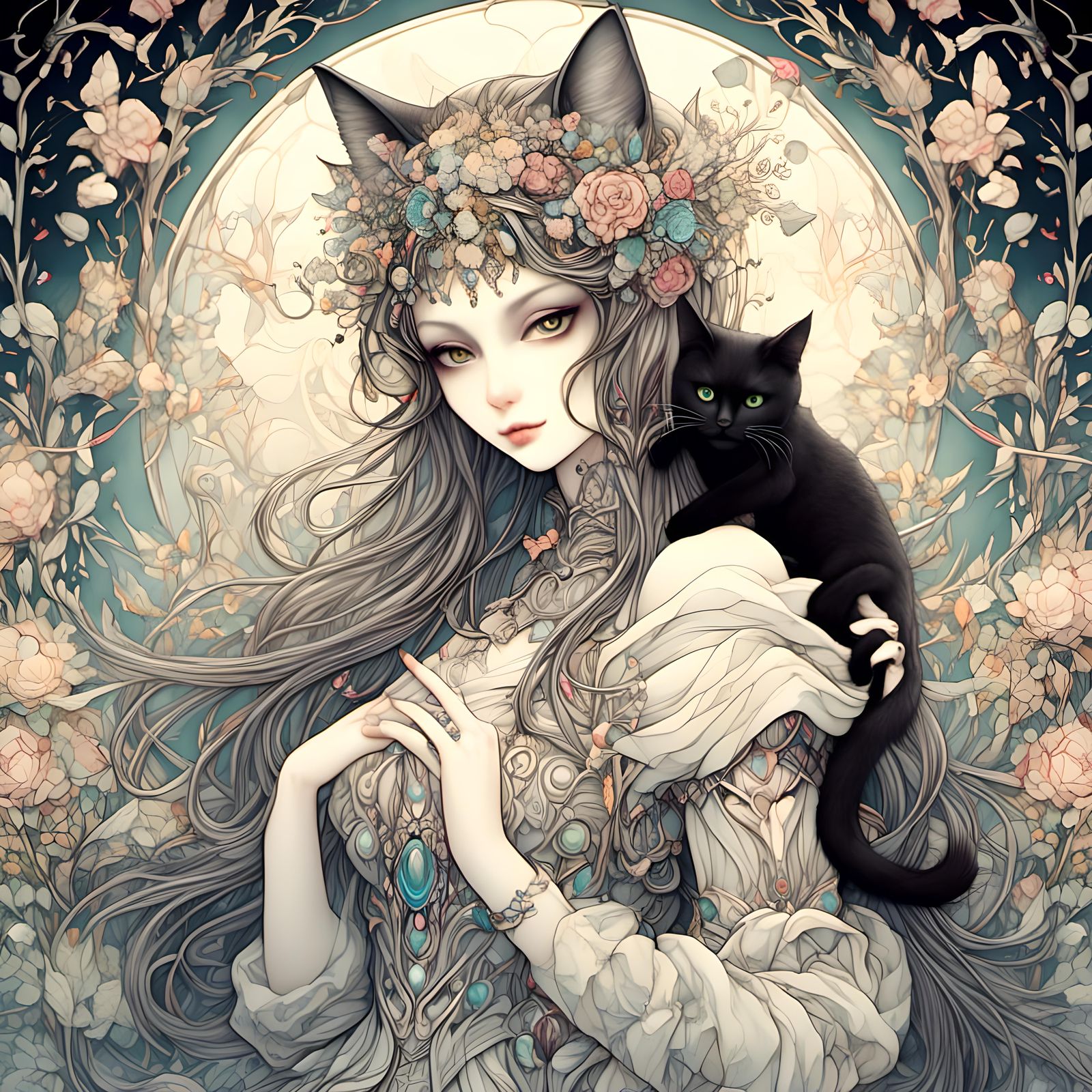 <lora:Dalle 3 lora 1:1.0> girl and her cat, detailed fantasy background