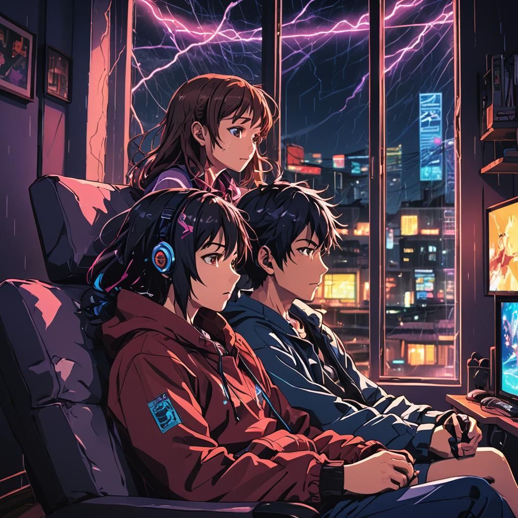 Anime Couple Gaming During Storm