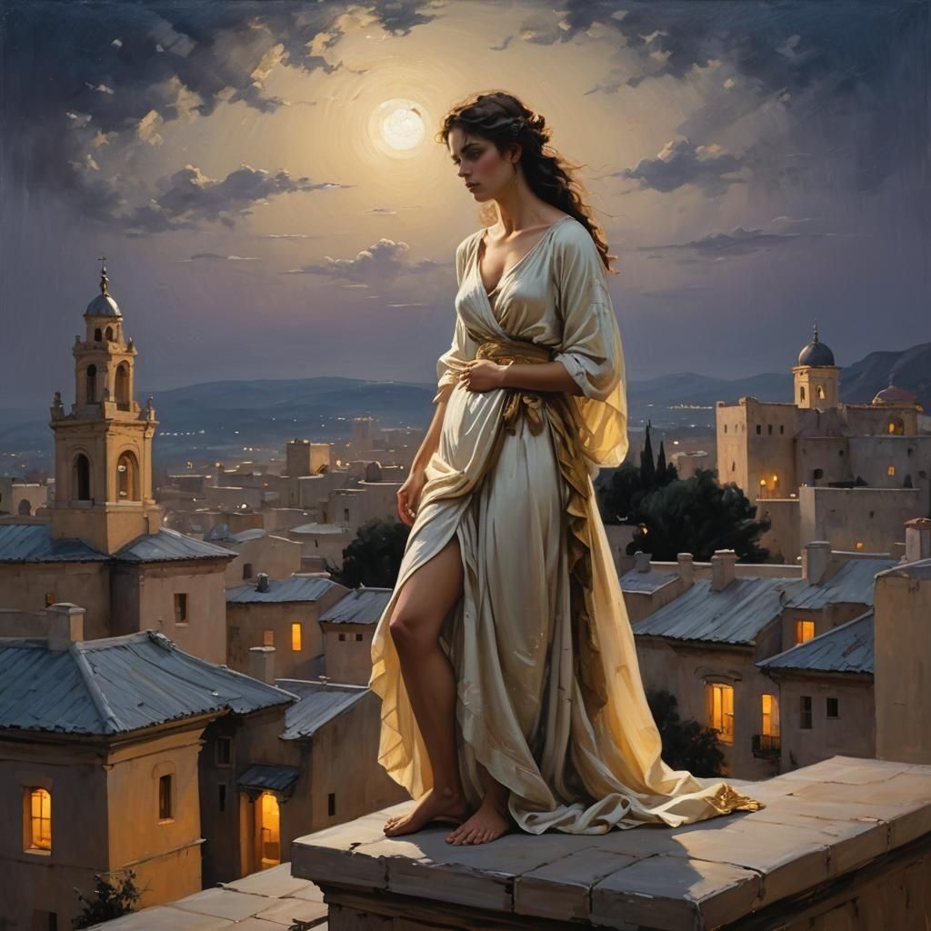 Bathsheba on the Roof: Oil Painting in Romantic Style