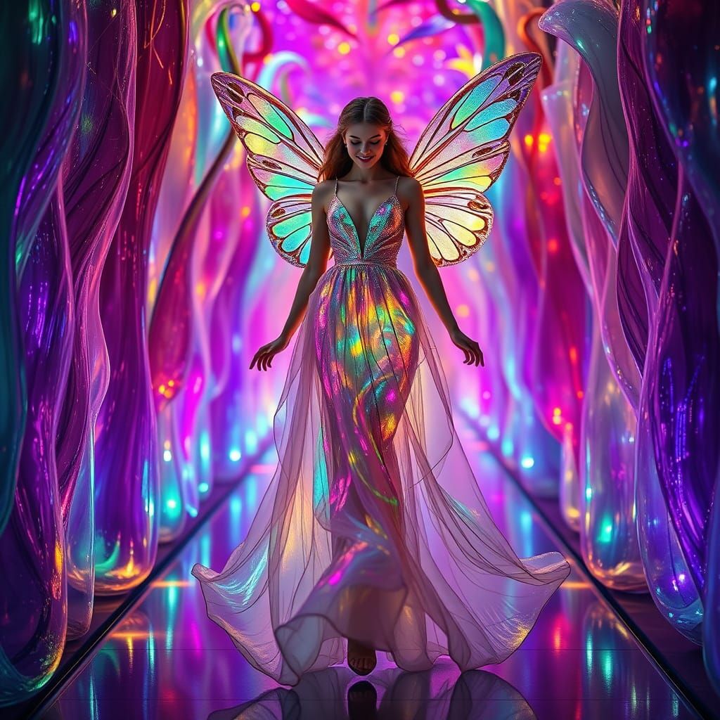 Fairy in Resplendent Glass Mosaic Gown Glides Down Art Aisle...