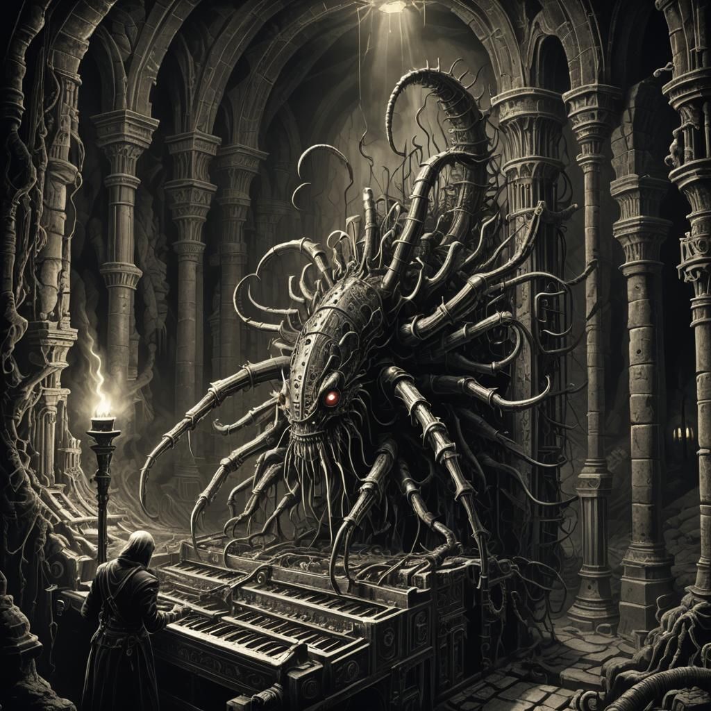 Centipede Orchestrates War Organ in Dark Fantasy Cavern