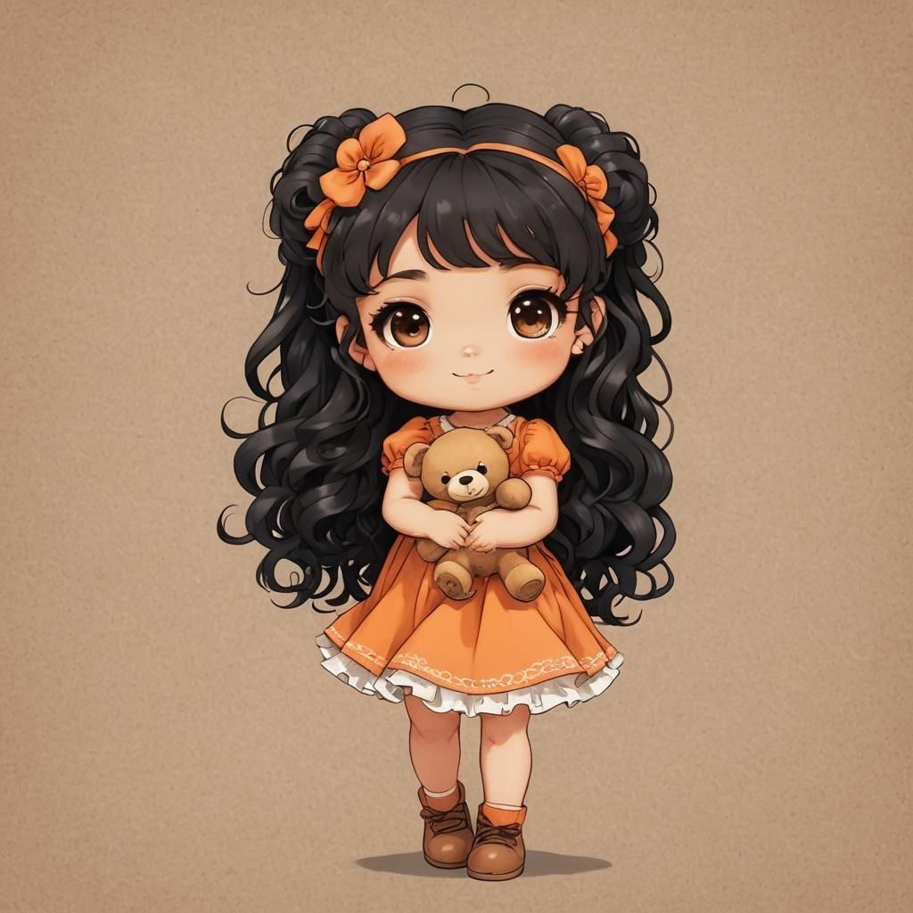 Chibi Girl with Teddy Bear in Orange Dress