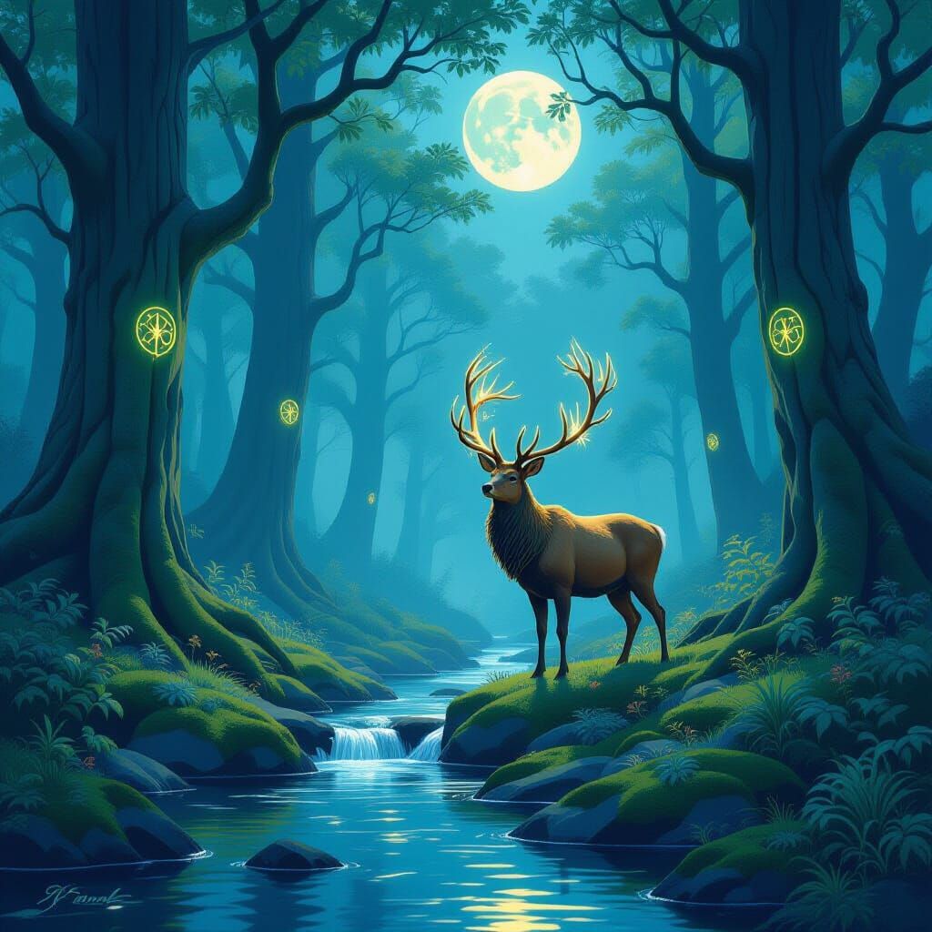 Moonlit Forest Clearing with Mystical Stag