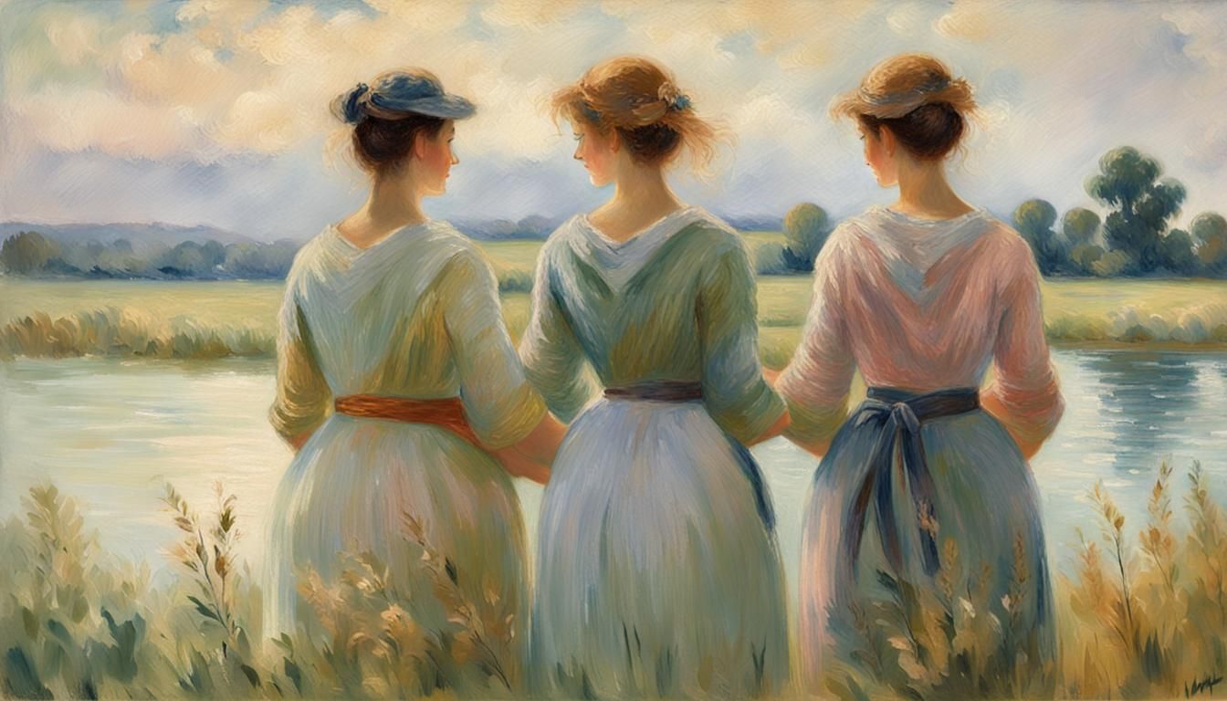 Impressionist Painting of Three Women in Serene Landscape