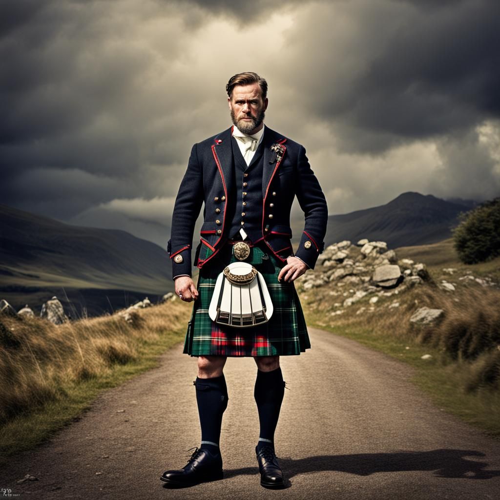 A Scottish man of the highlands in plaid kilt