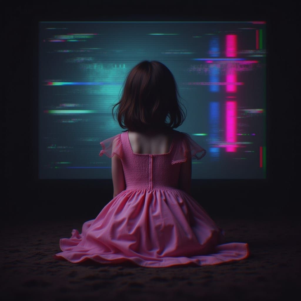 Girl on Glitched TV Screen in Darkerrorcore Style