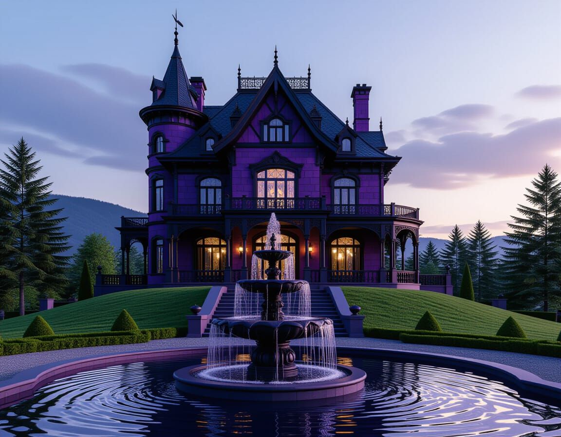 Gothic Mansion with Elaborate Fountain in 8K