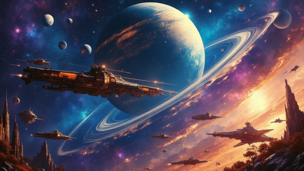 Epic Retro-Futuristic Space Battle Near Ringed Gas Giant