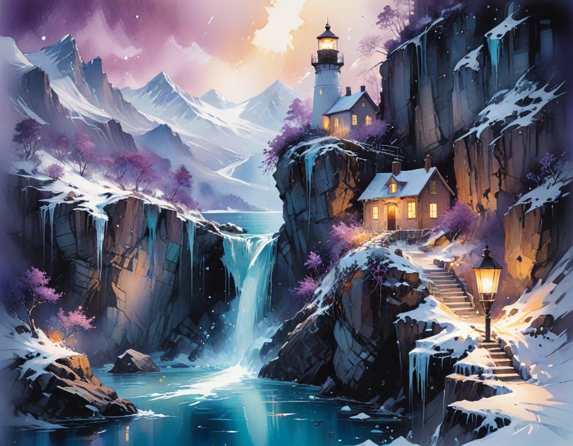 Twilight Mountain Gorge with Frozen Waterfall, Watercolor Ar...