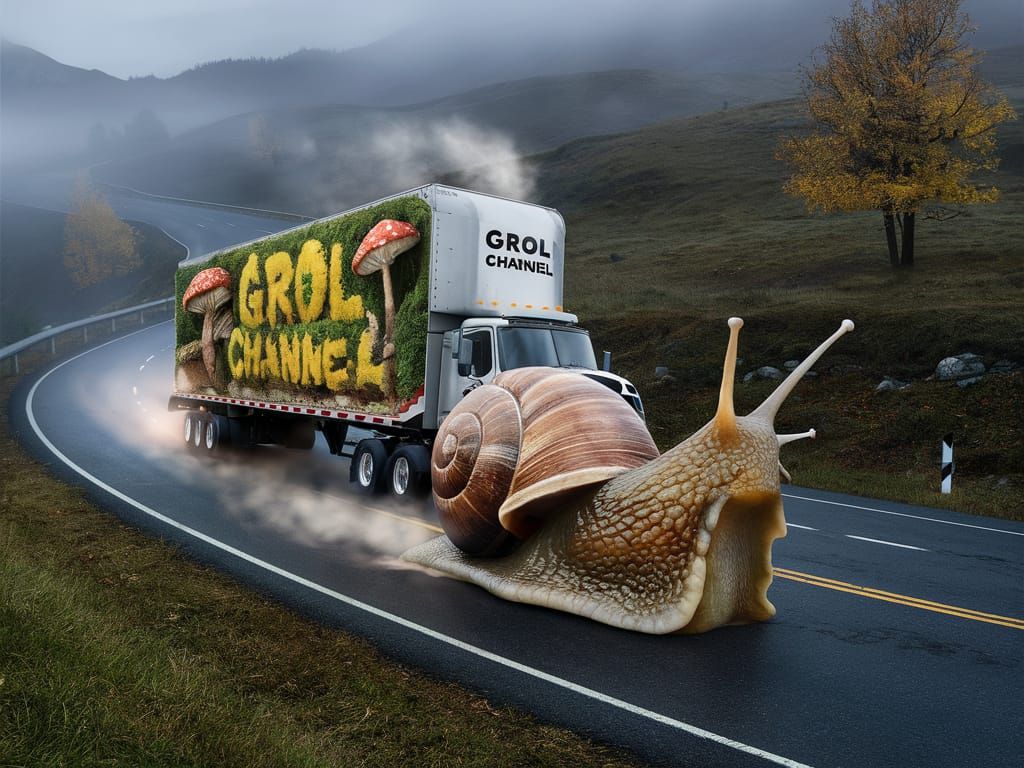 Giant Snail Hauling a Trailer on Mountain Road