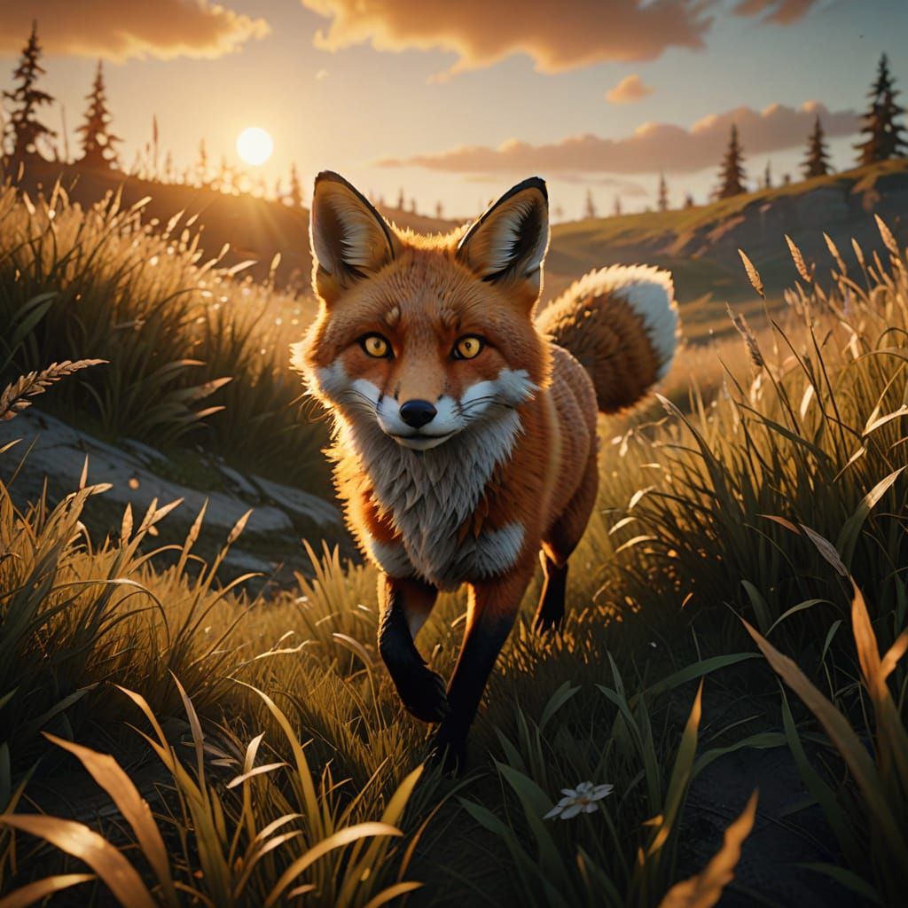 Windtail Fox Runs in Golden Sunset Light
