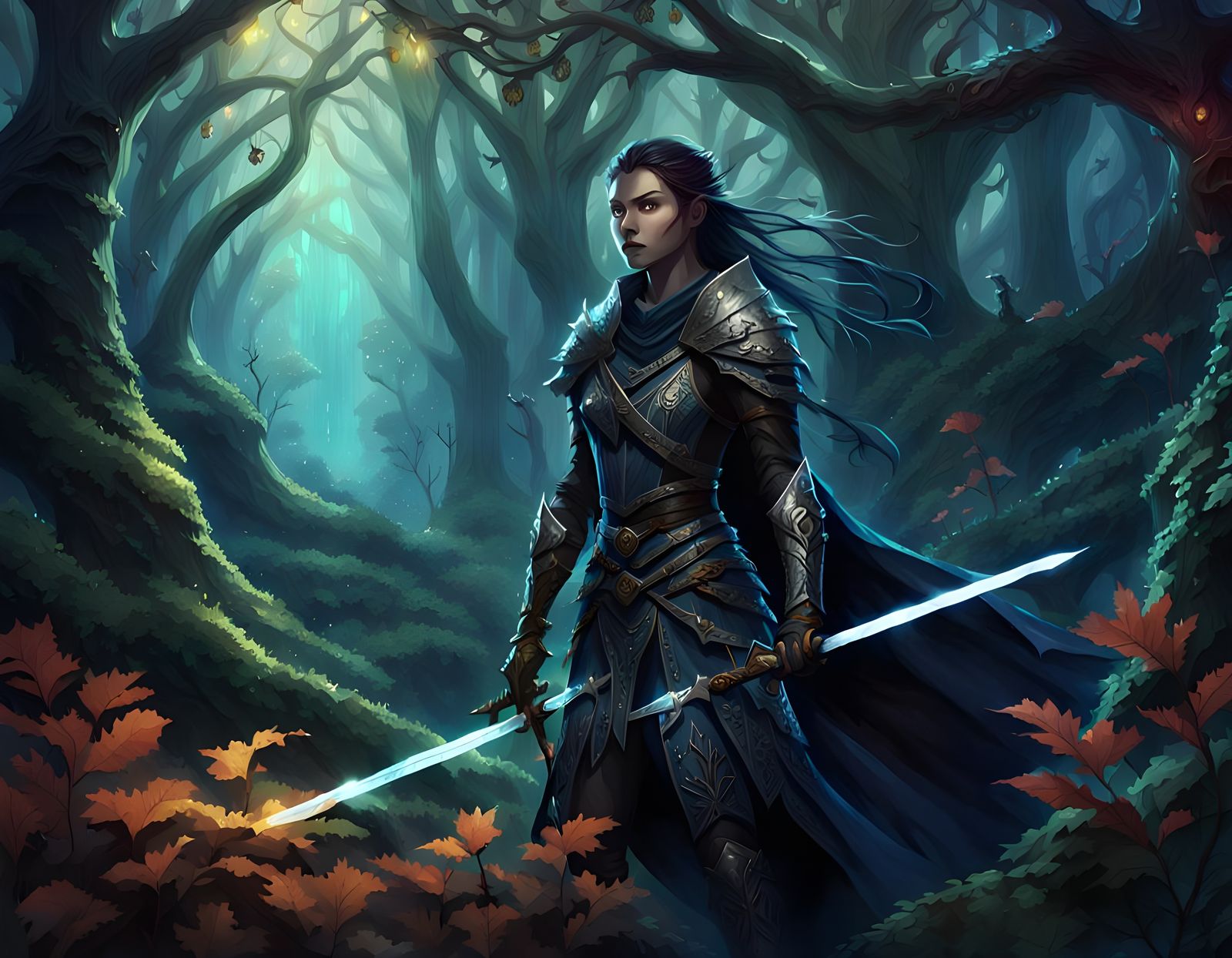 Warrior Woman in Dark Forest, Digital Art