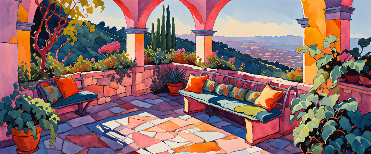 Vibrant Garden Scene with Arches and Flowers