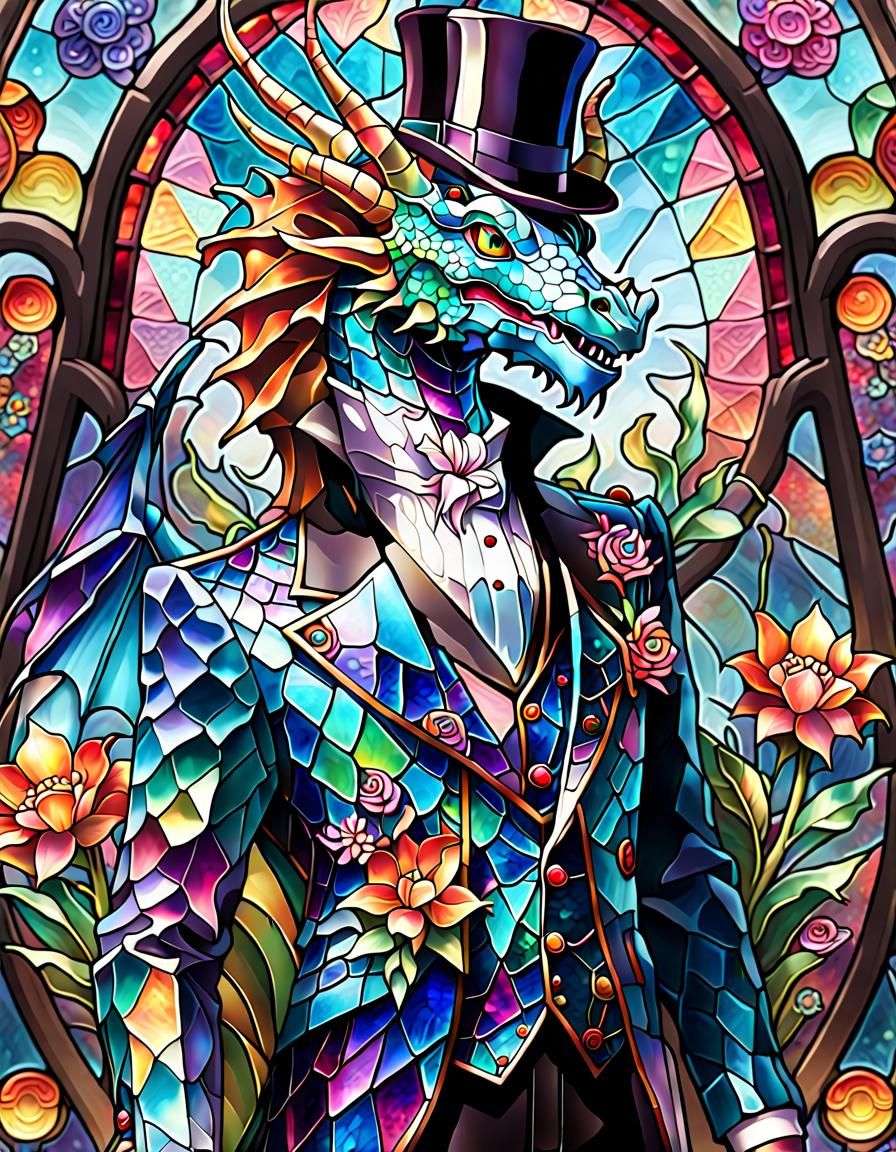 Stained Glass Dragon in Top Hat: Vaporwave Style