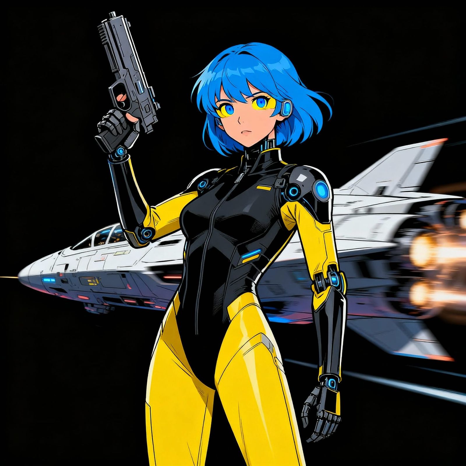 Android Pilot with Blue Hair and Futuristic Eyes in Comic St...