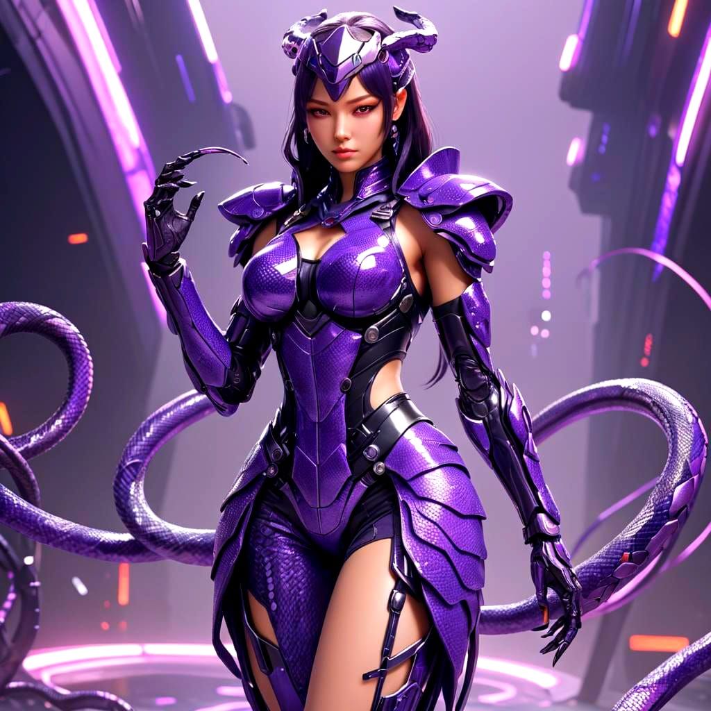 Cybernetic Villainess in Purple Snake Costume as Anime Art