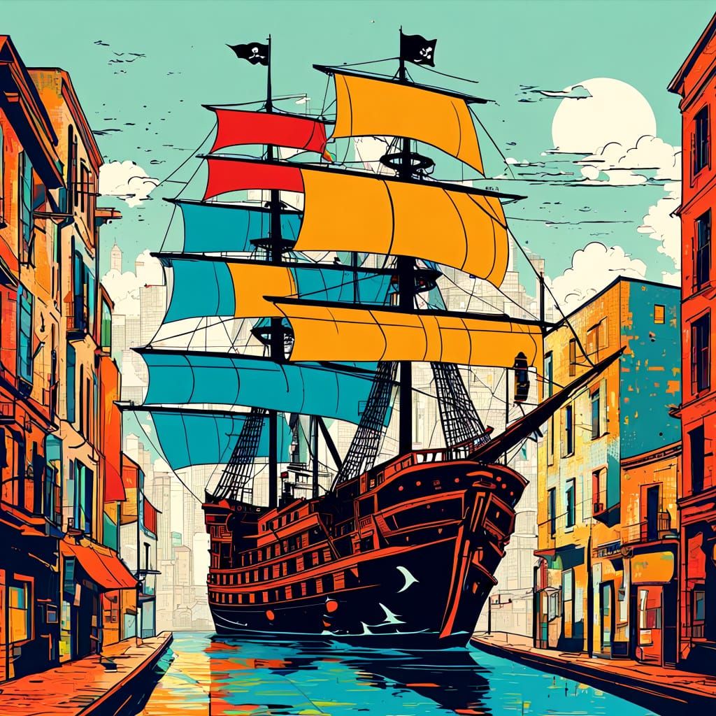 Vibrant City Block Sailing Ship in Triadic Colors