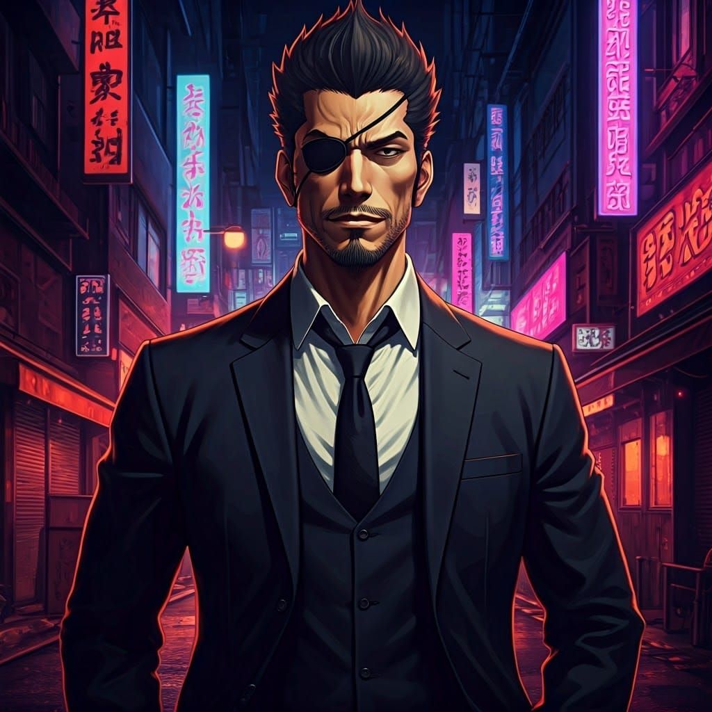 Majima Goro in Tokyo Alleyway, Anime-Style Yakuza Portrait