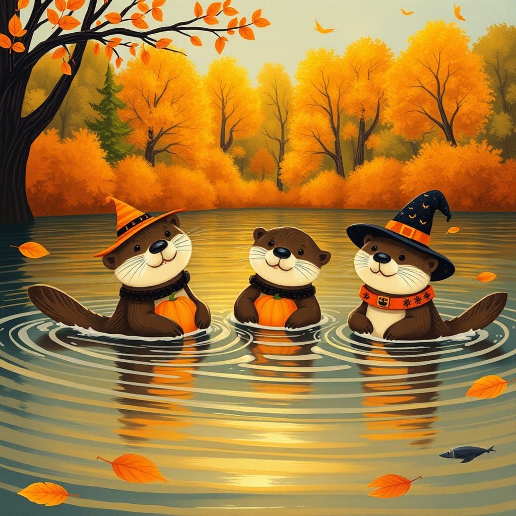 Halloween Otters in Mary Blair Disney Style
