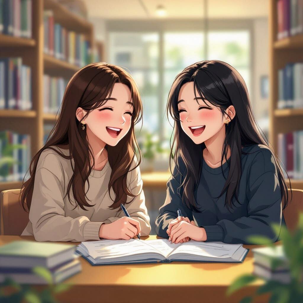 Teenage Friends Studying Joyfully in Library, Manga Style